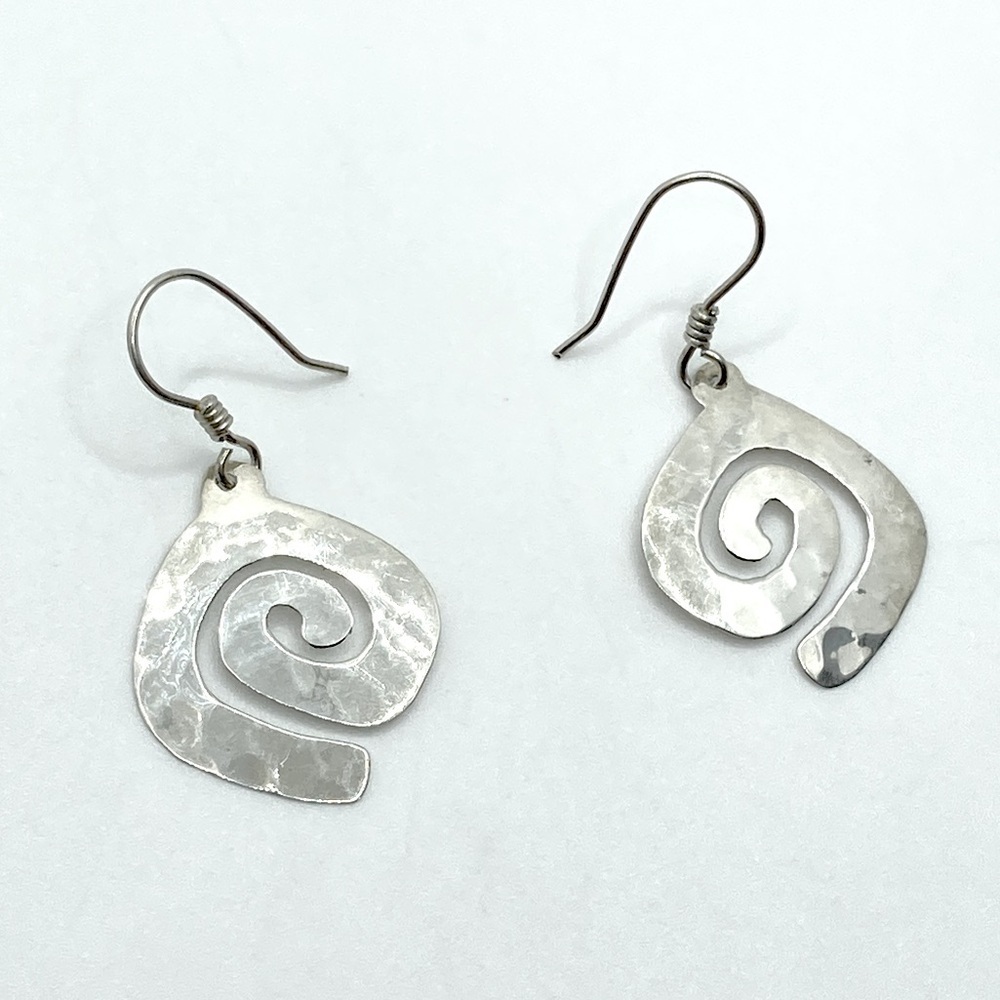 Vtg Sterling Silver Hammered Texture Spiral Design Hook Earrings 1.7”